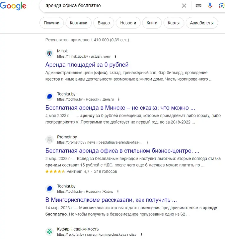 Результаты поисковой выдачи - Аренда офиса бесплатно